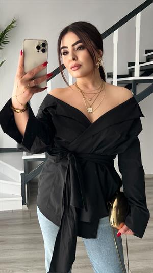 Siyah Poplin Kuşaklı Tasarım Gömlek