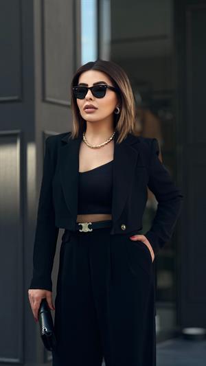 Siyah Premıum Astarlı Düğmeli Crop Ceket