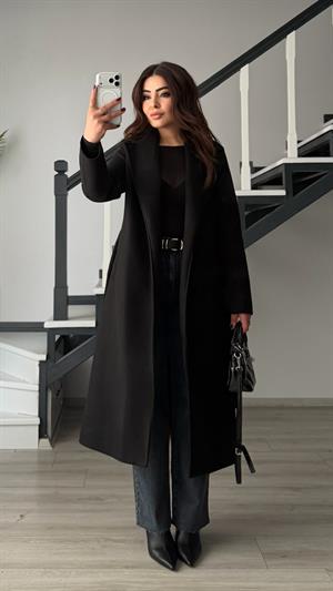 Siyah Premium Astarlı Kuşaklı Kaban