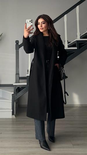Siyah Premium Astarlı Kuşaklı Kaban