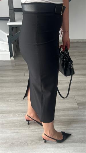 Siyah Premium Midi Boy Yırtmaçlı Kalem Etek 