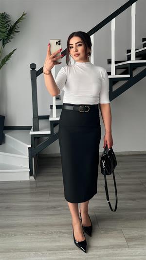 Siyah Premium Midi Boy Yırtmaçlı Kalem Etek 