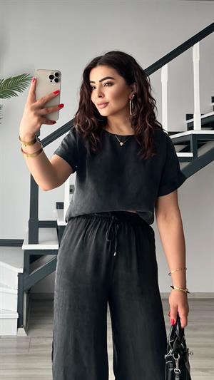Siyah Premium Tnsel Kumaş Crop-Pantolon Takım