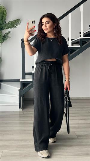 Siyah Premium Tnsel Kumaş Crop-Pantolon Takım