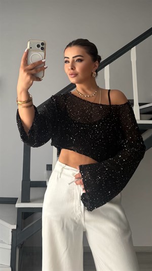 Black Sequin Oversized Knit Blouse