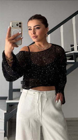 Black Sequin Oversized Knit Blouse