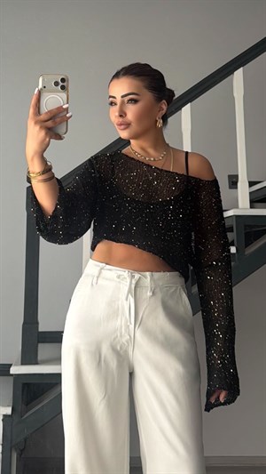Black Sequin Oversized Knit Blouse