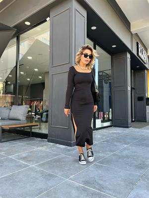 Siyah Sandy Kumaş Yırtmaçlı Maxi Boy Elbise