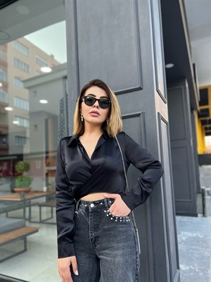 Black Satin Tie-Up Blouse