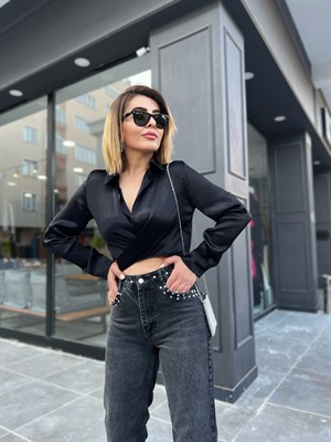Black Satin Tie-Up Blouse
