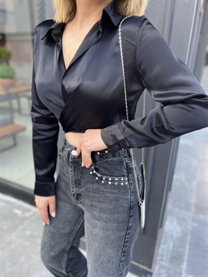 Black Satin Tie-Up Blouse