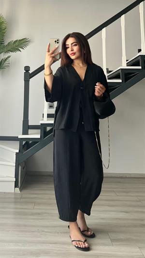 Siyah Tek Düğme Bluz-Pantolon Takım
