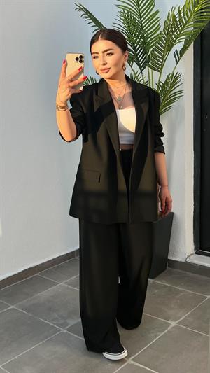 Siyah Tek Düğme Oversize Blazer Ceket