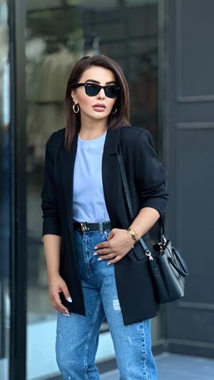 Siyah Tek Düğme Yün Efekt Blazer Ceket