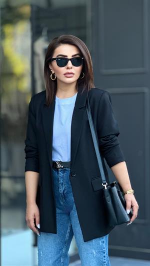 Siyah Tek Düğme Yün Efekt Blazer Ceket