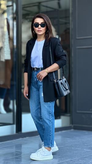 Siyah Tek Düğme Yün Efekt Blazer Ceket