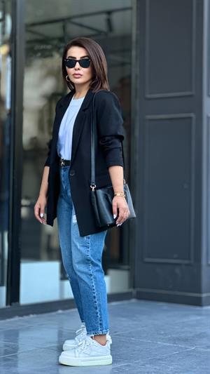 Siyah Tek Düğme Yün Efekt Blazer Ceket