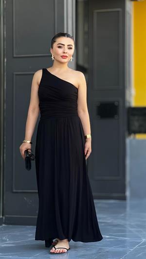 Black One-Shoulder Jersey Full-Lined Dress
