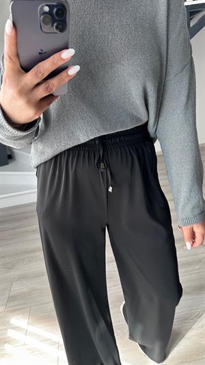 Siyah Tensel Kumaş Beli Lastikli Pantolon