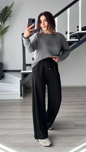 Siyah Tensel Kumaş Beli Lastikli Pantolon