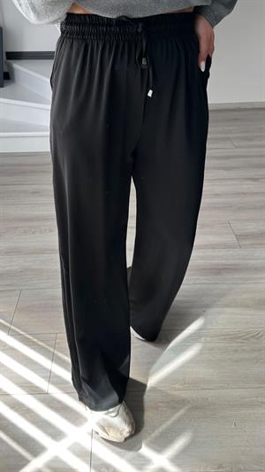 Siyah Tensel Kumaş Beli Lastikli Pantolon