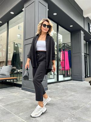 Siyah Tensel Kumaş Gömlek Pantolon Takım