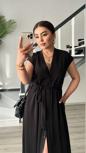 Siyah Tensel Kumaş Kuşaklı Gömlek Elbise 