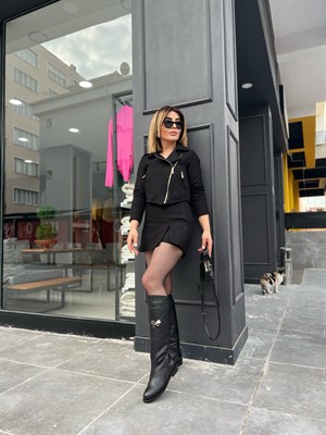 Black Tweed Crop Jacket and Shorts Skirt Set