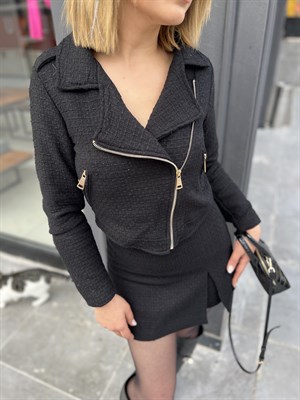 Black Tweed Crop Jacket and Shorts Skirt Set
