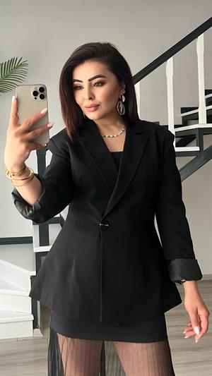 Siyah Volanlı Bel Oturtmalı Blazer Ceket 