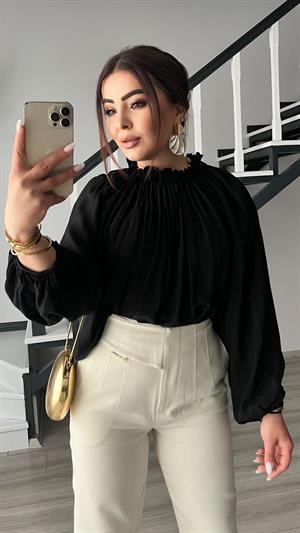 Black Chiffon Blouse with Gathered Collar