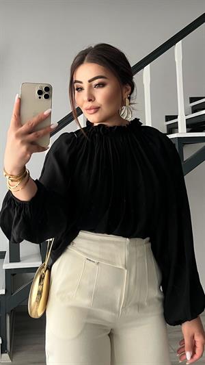 Black Chiffon Blouse with Gathered Collar