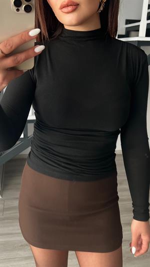 Siyah Yarı Transparan Dik Yaka Soft Touch Bluz 