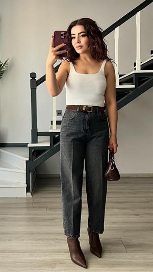 Süet Kemerli Antik Yıkama Skater Jean