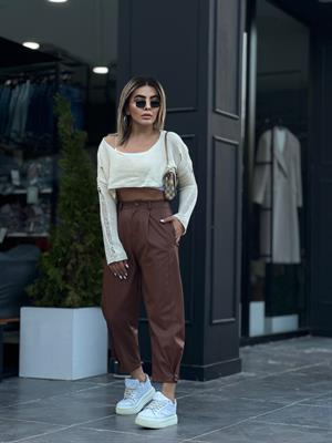 Taba Deri Paça Düğmeli Slouchy Pantolon