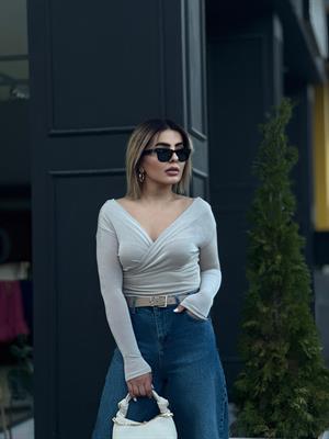 Stone Asymmetrical Shoulder Detail Wrap Blouse