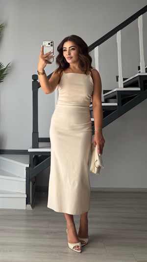 Stone Ruched Midi Dress with Adjustable Straps