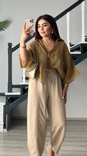 Taş Beli Lastikli Keten Pantolon