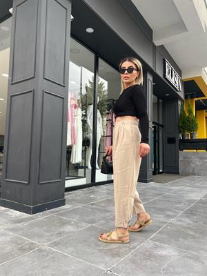 Taş Ham Keten Paça Düğmeli Pantolon