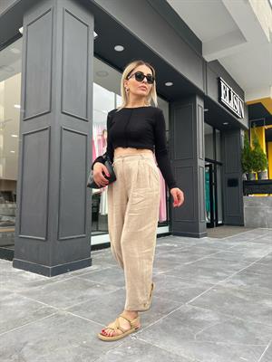 Taş Ham Keten Paça Düğmeli Pantolon