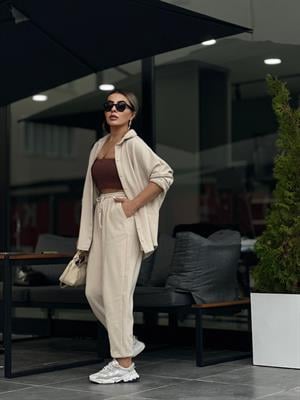 Taş Kadife Oversize Gömlek Takım 