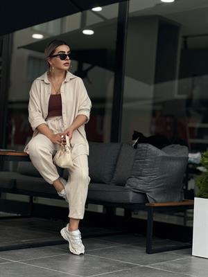 Taş Kadife Oversize Gömlek Takım 