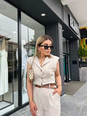 Stone Embellished Belted Imported Linen Vest Suit