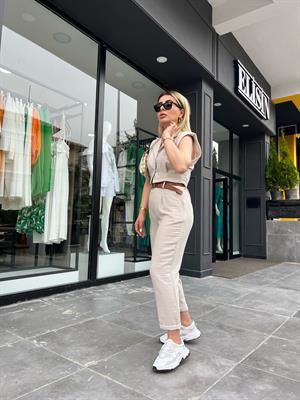 Stone Embellished Belted Imported Linen Vest Suit