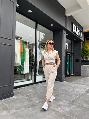 Stone Embellished Belted Imported Linen Vest Suit