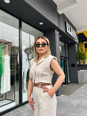 Stone Embellished Belted Imported Linen Vest Suit