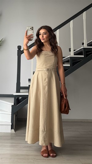 Stone Linen Belted Midi Dress with Straps