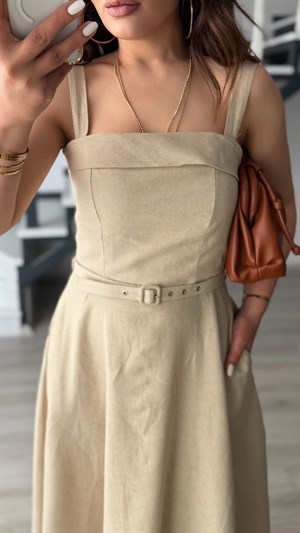 Stone Linen Belted Midi Dress with Straps