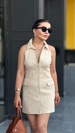 Taş Keten Polo Yaka Mini Elbise