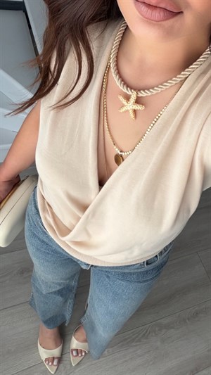 Stone Lyocell Blend Double-Breasted Blouse